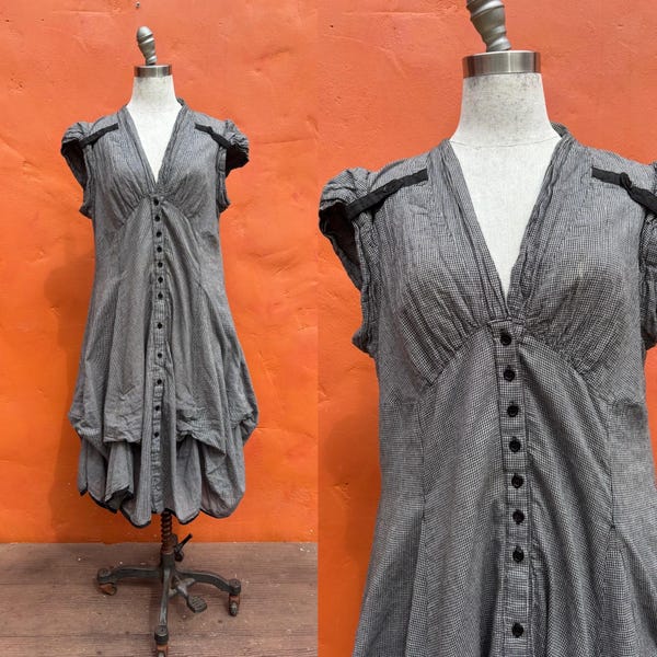 Vintage Schwarz Weiß Midi Kleid Versammelt Verstellbarer Blasensaum - Whimsigoth Witchy Dark Cottagecore Lagenlook Einheitsgröße Plus Größe XXL 1XL 18