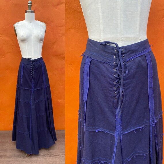 Vintage Lace up Corset Tie Navy Blue Maxi Skirt. Cottagecore