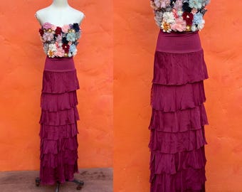 Vintage Seiden Pflaumen Rüschen Midi Rock. Gestufte Saum* Romantisch Boho New Romantics Fee Fairycore wimsigoth Small Medium Größe 6 8 10
