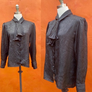 Vintage 1980s Black Ruffle Blouse Top Shirt. Victorian Dark Boho Witchy Witchy Vampirecore Goth Gothic Knightcore Med Large