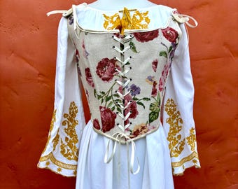 VTG Floral Tapestry Boned Laced Bodice  ** SCA Renaissance Fair Medieval Wench Pirate Cottagecore Forestcore Medium Large Size 8 10 12