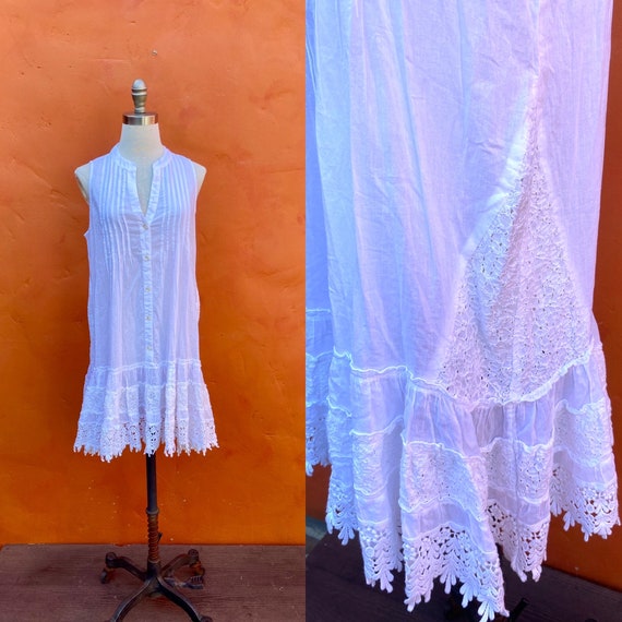 Vintage White Pintucked Cotton Chemise Dress. Rom… - image 1