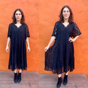 Vintage Black Lace Black Rayon Midi Dress - Medieval Witchy Dark Cottagecore Lagenlook Punk Grunge  One Size Plus Size XL XXL 2XL