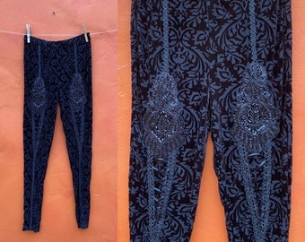 Vintage Sheer Cut Velvet Beaded Laced Black Damask Leggings Stretch Pants * Goth Whimsigoth Vamp Witchy  ** Small Medium Size 4 6 8 10