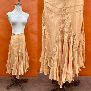 Vintage Silk Gold Smocked Pleated Midi Skirt. Ruffle Handkerchief Hem * Romantic Boho New Romantics Fairy Fairycore Flapper Medium Size 8 10