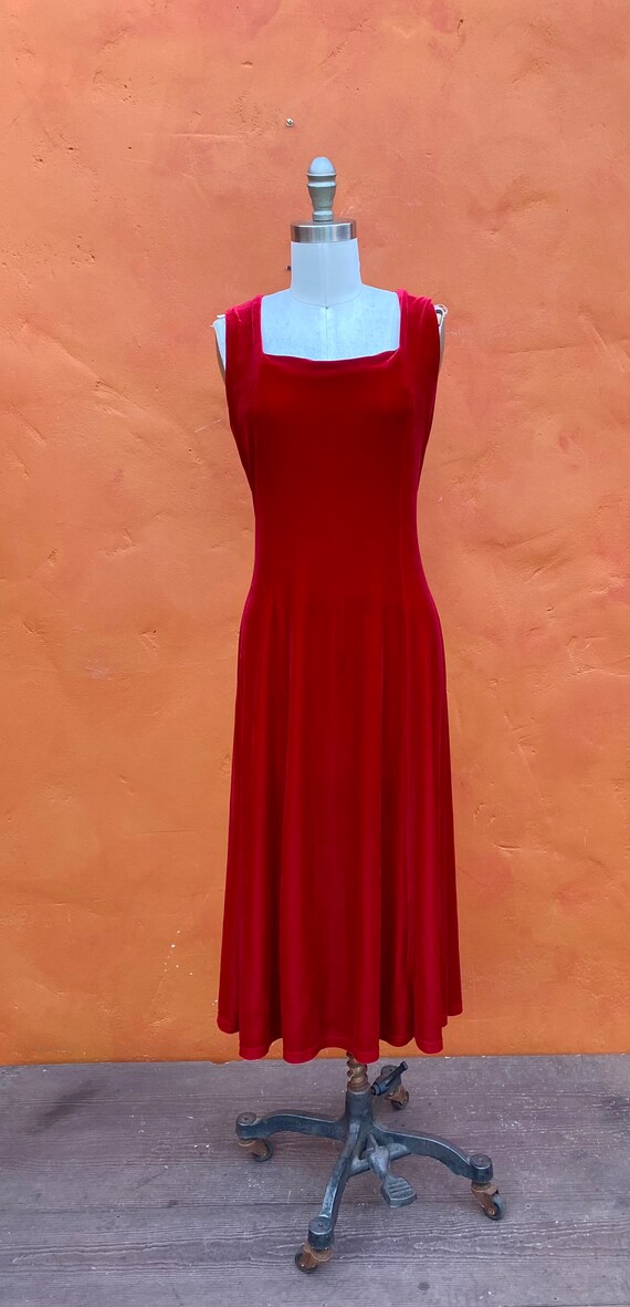 Vintage 1990s Red Velvet Hourglass Midi Dress - W… - image 4