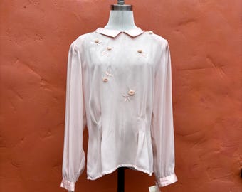 Vintage DEADSTOCK 1980-tals transparent puffblus toppskjorta. Cottagecore edwardiansk viktoriansk ljus Academia. 3D-rosor. Stor storlek 12-14