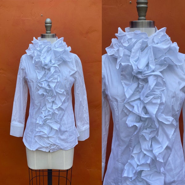 Vintage White Ruffle Top Blouse. Victorian Dark Boho Gothic Witch Elizabethan Ruff high collar Edwardian Cottagecore STATEMENT xs small med