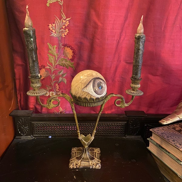 Antique Vintage Decorative Cast Metal Candelabra with Orb Holder. Candle holder 2 Sconce Candles Taper Candles Centerpiece. Orb stand