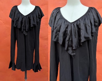 Vintage Flared Sleeve Silky Black Mini Dress Tunic Top ** Knightcore Ren Faire Pirate Goth Whimsigoth