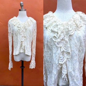 Vintage 1960s Ivory Ruffle Lace Trim Blouse Top Shirt ** Prairie Western Cottagecore Light Academia Victorian * One Size xs small med