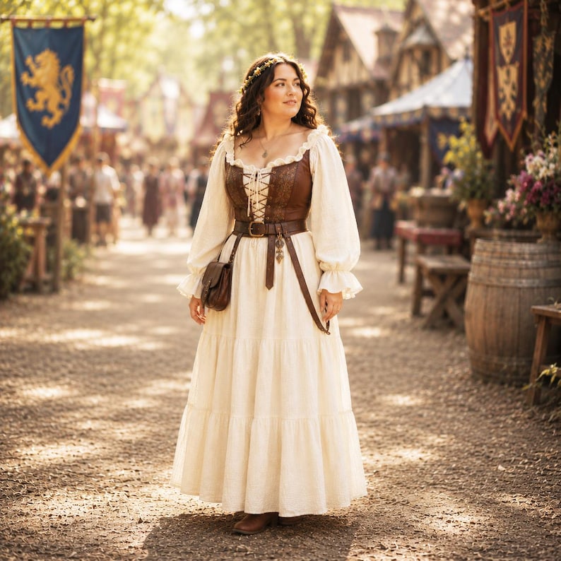 May include: A long-sleeved cream-colored dress with a tiered skirt and a brown lace-up bodice. The outfit includes a brown leather belt with a small attached pouch and a metal buckle, worn over the dress, and a small floral crown on the head.
