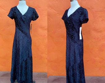 Vintage Deadstock 1990s does 1920s 1930s Black Cut Velvet Maxi Dress Party Dress Cocktail Dress  ** Peaky Blinders Great Gatsby  Small