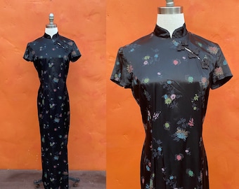 Vintage 1990s Black Floral Cheongsam Maxi Dress **Gothabilly Dark Pinup Whimsigoth Vamp ** Small Medium Size 6 8