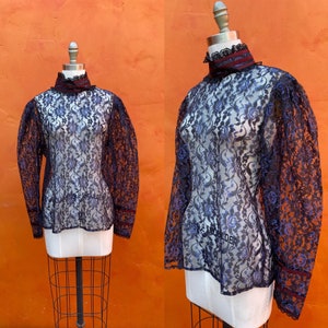 Vintage Sheer Black Blue Lace Ruffle Blouse. Edwardian Blouse. Victorian Blouse Gothic Witchy Elizabethan Ruff high collar