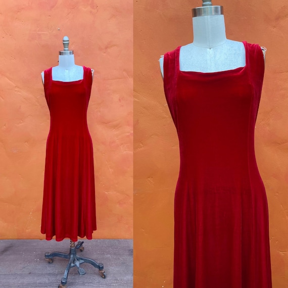 Vintage 1990s Red Velvet Hourglass Midi Dress - W… - image 1