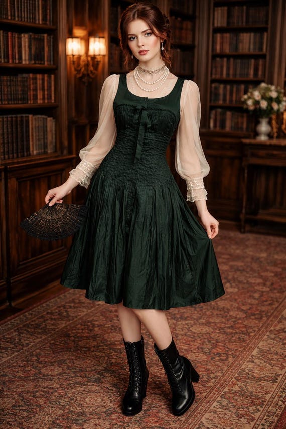 dark green cottagecore dress WENDY Linen Cottagecore Dress With Long Puffy Flared Sleeves