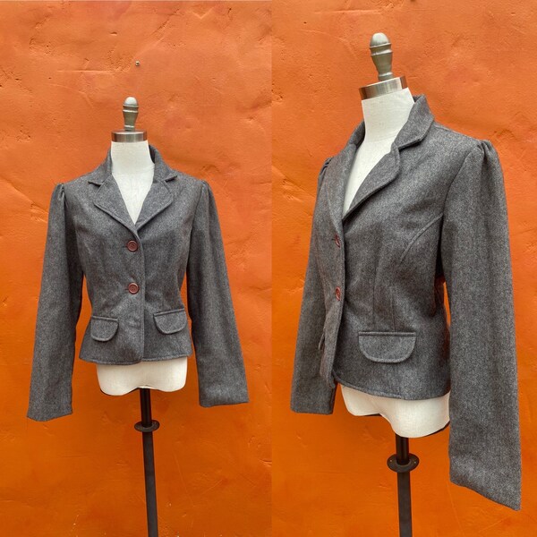 Vintage Grauer Tweed Wolle Viktorianischer Blazer **Puffärmel** Viktorianischer Steampunk Western Edwardian Cottagecore Dark Academia Large XL