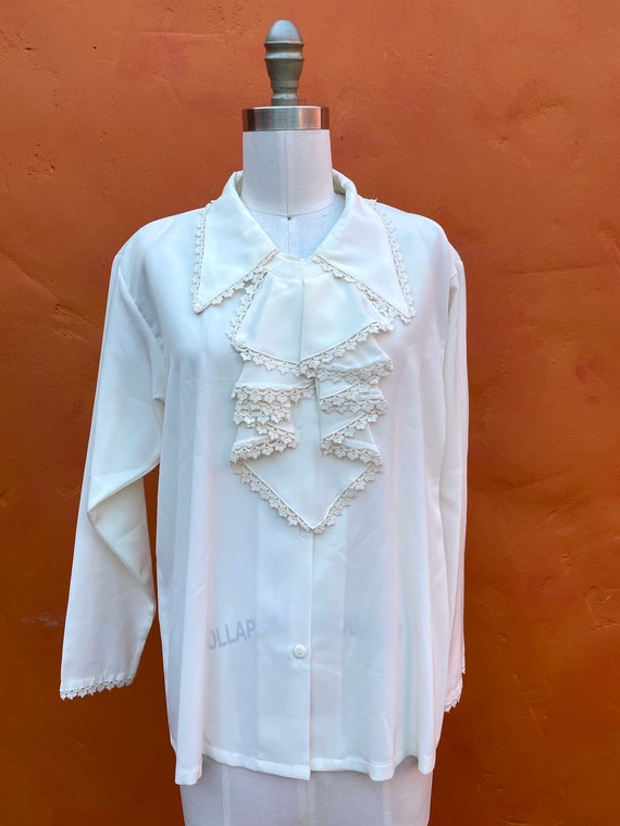 Vintage Ivory Lace Ruffle Ascot Blouse Top Shirt … - image 4