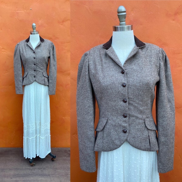 Vintage Damen 1970er Jahre Wolle Ausgestattet Blazer Puffärmel ** Victorian Edwardian Dark Academia Cottagecore ** Kleine Größe 4 6