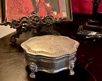 Large Vintage Decorative Footed Silver Casket Trinket Jewelry Box Blue velvet lining * Gothic Home Hollywood Regency Victorian Decor Vanity