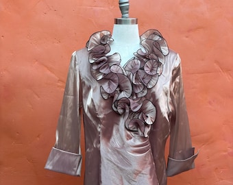Blusa/camisa vintage iridiscente color cobre con volantes. Estilo gótico victoriano, clowncore, isabelino, tallas XL, XXL y tallas grandes 14, 16 y 18.