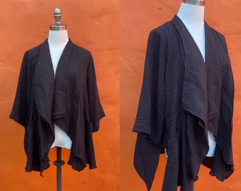 Vintage Black Waterfall Duster Jacket Coat  ** Lagenlook Asymmetrical Dark Boho Goth Gothic Medium Large XL