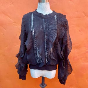 Vintage Black Sheer Lace Ruffle Top Blouse Shirt. Victorian Gothic Witchy Whimsigoth Knightcore Goth Small size 4 6