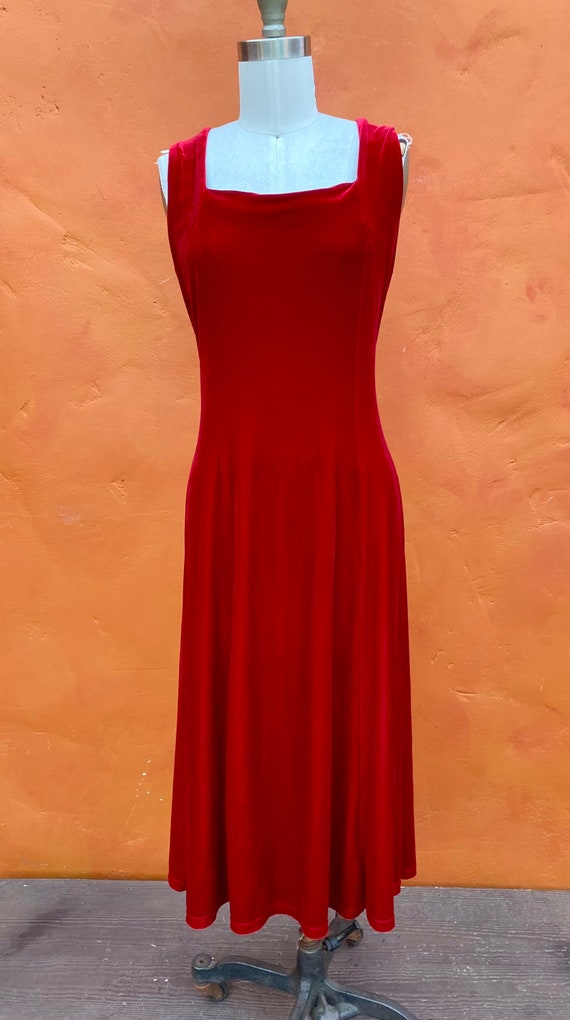 Vintage 1990s Red Velvet Hourglass Midi Dress - W… - image 3