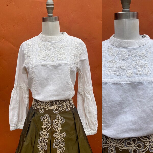 Vintage White Embroidered Blouse Top Shirt.  Victorian Dark Academia Romantic Edwardian Cottagecore xs small medium