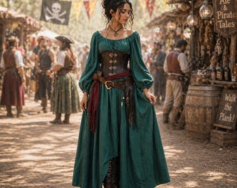 Vintage Green Maxi Dress - Balloon Sleeves Medieval Forestcore Cottagecore Renaissance Fair Piratecore Ren Faire Dress Corset Dress One size