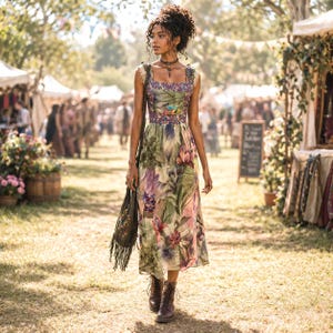 May include: A floral print dress with a square neckline and a flowing skirt. The dress features a mix of green, purple, and pink flowers. The model is wearing brown boots and carrying a fringed bag. The background shows a market scene.