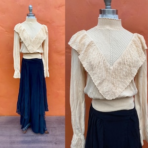 Vintage Cream Stretch Knit Ruffle Top Blouse. Victorian Cottagecore  Edwardian