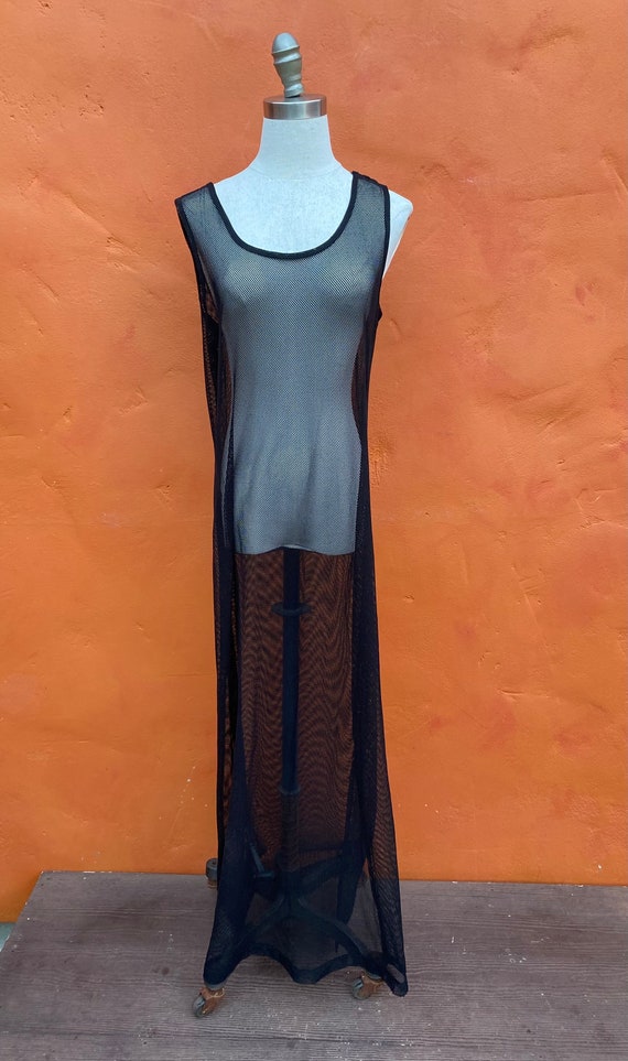 Vintage Y2K 1990s Black Sheer Netting Maxi Dress … - image 2