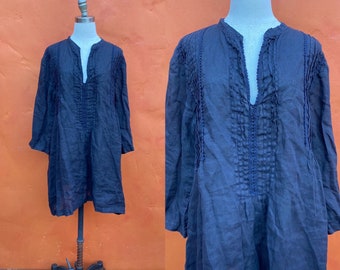 Vintage Marine Blau Plissee Baumwolle Leinen Tunika Top Bluse Hemd ** Renaissance Fair Mittelalter Pirat Lagenlook * Einheitsgröße Med Large XL XXL