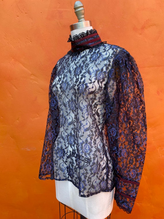 Vintage Sheer Black Blue Lace Ruffle Blouse. Edwardia… Gem