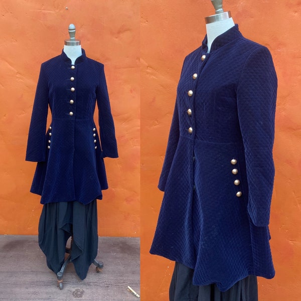 Vintage Blue Velvet Fit Flare Frock Coat. Pirate Coat Victorian Riding Jacket Colonial Marie Antoinette Rococo Small Medium Size 6 8