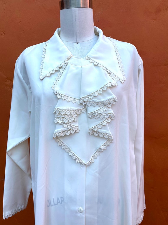 Vintage Ivory Lace Ruffle Ascot Blouse Top Shirt … - image 3