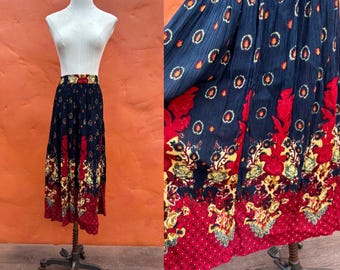 Falda vintage de rayón con estampado floral damasco azul marino, rojo y dorado * Falda pirata estilo feria renacentista, estilo boho medieval, disfraz para LARP. Talla única (XL, XXL, 2XL).