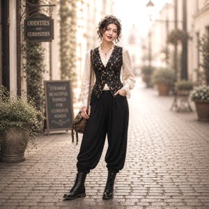 May include: A woman wearing a black lace vest over a cream-colored blouse, paired with black harem pants and black boots. She carries a brown satchel bag. The background features a cobblestone street and a sign that reads "Oddities and Curiosities."