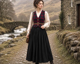 Vintage 1990s Women's Wool Plaid Fitted Vest ** Outlander Scottish Tartan Victorian Western Dark Cottagecore ** Large XL Size 14 16