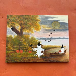 Vintage Landscape Oil Painting. Ghosts Pumpkins Halloween Black Cat Trees Bats Full Moon Goth Gothic Cottagecore Farmcore Grandmacore