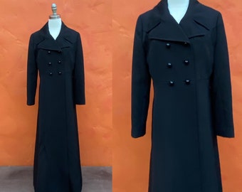 Vintage 1970s Joseph Magnin Black Maxi Coat  * Victorian Dark Mori Gothic Regency Witch Strega * Double breasted princess coat Sm Med 6 8 10