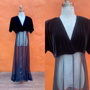 Vintage Y2K 1990s Black Sheer Maxi Dress Velvet Bodice Lace Trim ** Goth Grunge Gothic Witch Witchy Whimsigoth  ** Medium Size 8 10
