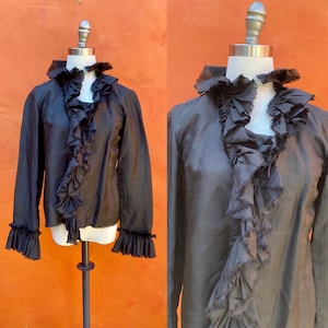 Vintage Silk Black Ruffle Blouse Top Shirt. Victorian Dark Boho Witch Vampirecore Goth Gothic Edwardian Dark Cottagecore xs small Size 2 4 6