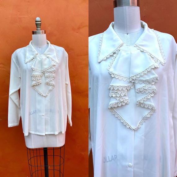 Vintage Ivory Lace Ruffle Ascot Blouse Top Shirt … - image 1