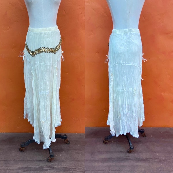 Vintage Ivory Gauzy Lace Trim Maxi Skirt  * Handkerchief hem Romantic Boho Victorian Pirate Western Cottagecore xs small medium