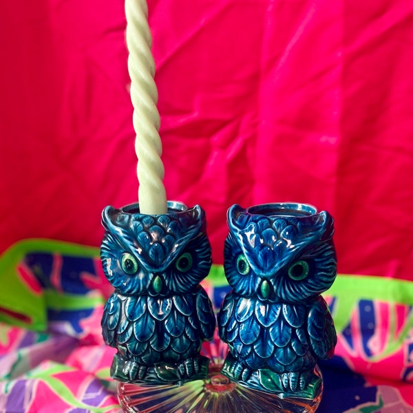 Vintage Blue Owl Candle Holders