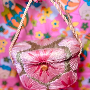 Vintage Raffia Straw Pink Flower Handbag