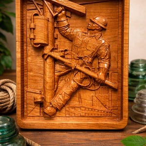 Lineman 3D Relief Carve Engraving Wood Wall Hanging Retirement Anniversary Christmas or Birthday